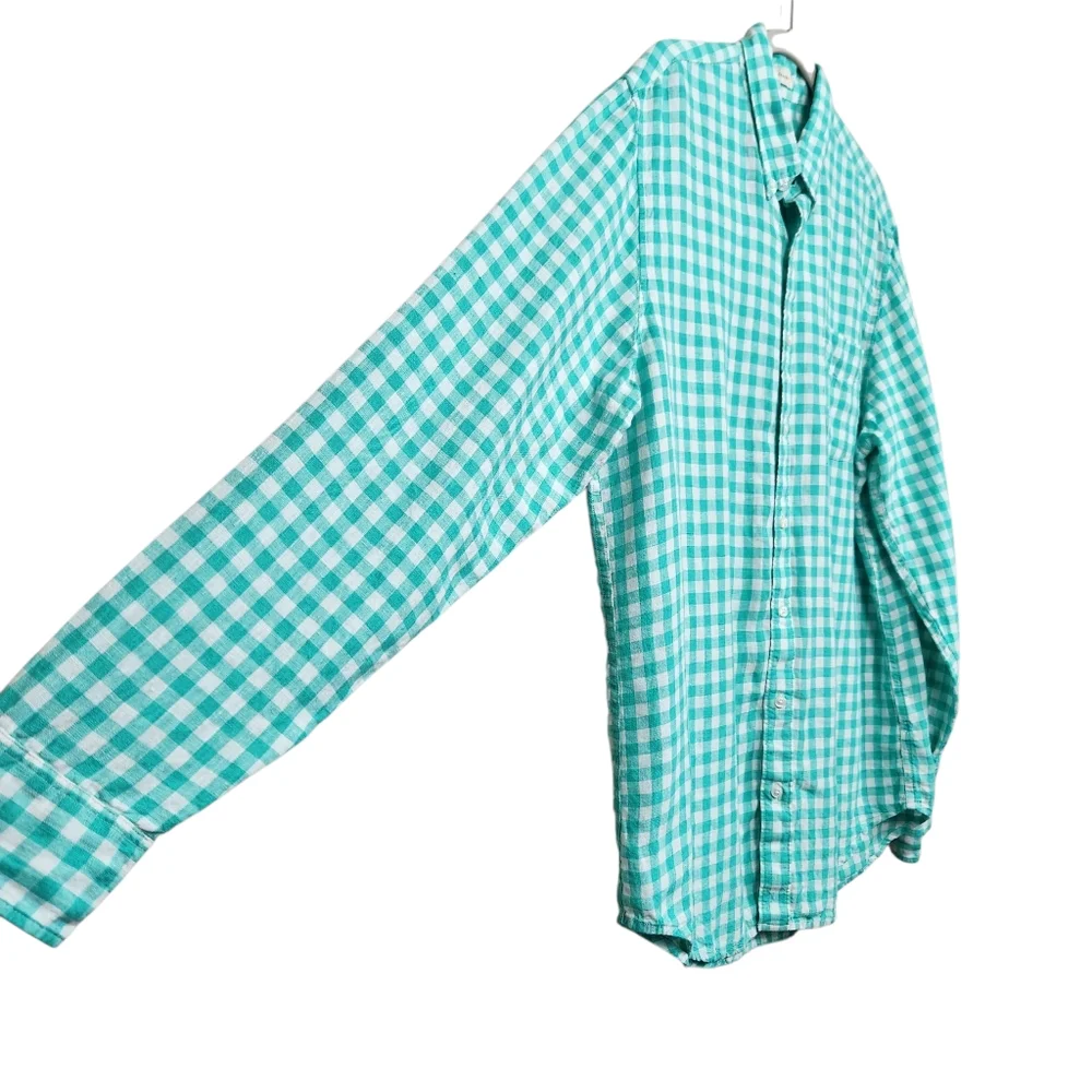 J. Crew Baird McNutt Irish Linen Green White Plaid Button Up Shirt Mens Size LT